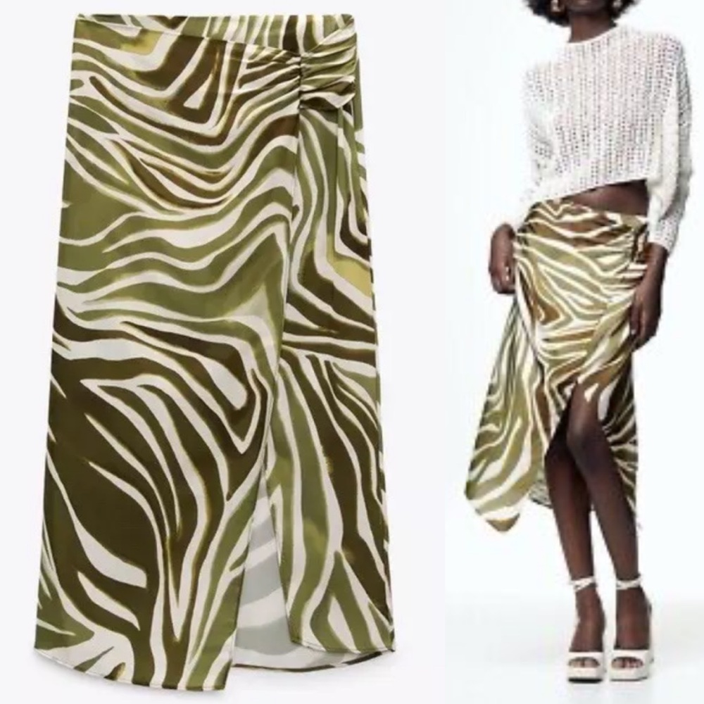 ZARA green satin tiger print wrap front high slit skirt size XS